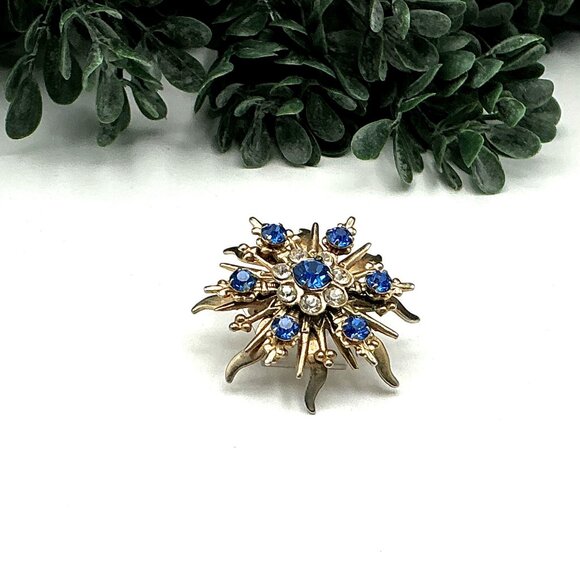 Vintage Gold Tone Snowflake Brooch With Blue and Clear Rhinestones - Picture 3 of 5